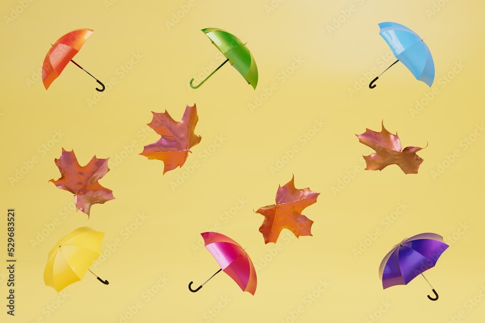 abstract background consisting of patterns of colorful umbrellas and leaves on a yellow background. 3d render