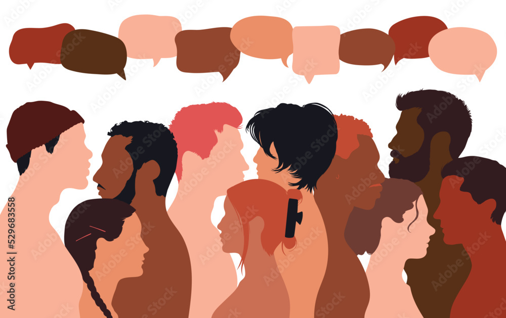 People talking in a crowd. Vector cartoon character profiles. Speech bubbles and communication between people. A diverse group of people in dialogue.