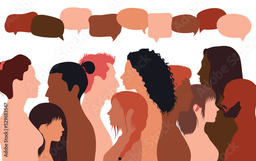 People talking in a crowd. Vector cartoon character profiles. Speech bubbles and communication between people. A diverse group of people in dialogue.