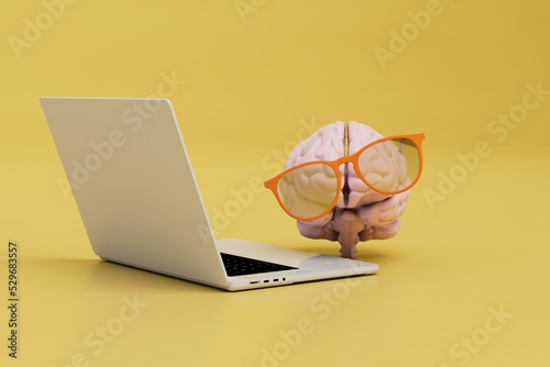 the concept of brain work while working at a computer or learning. brain in glasses and a laptop. 3d render