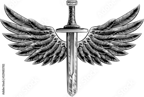 Vintage Woodcut Winged Sword