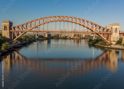 Drone shot of Hellgate bridge at sunrise. © Aurora East Media