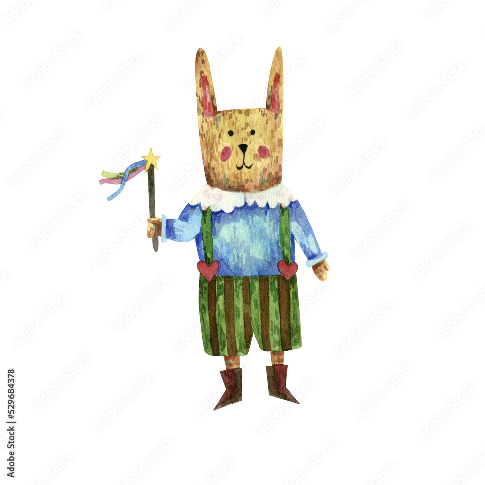 The Easter bunny holds a star on a stick. Cute bunny boy in clothes. Watercolor illustration. Easter holiday.