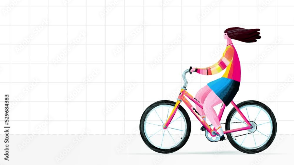 Woman character animated riding a bicycle on light grid moving background. Paint hand made cartoon style seamless loop. Empty place for titles. Motion design graphic animation business explainer style