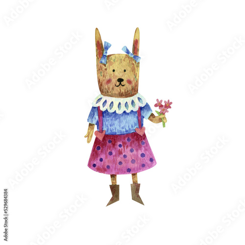 The Easter bunny holds a bouquet of flowers. Cute bunny girl in clothes. Watercolor illustration. Easter holiday.