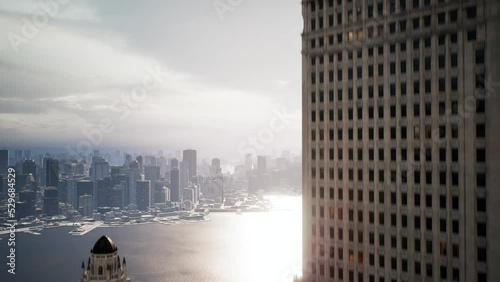 Camera moving up high between modern skyscrapers showing beautiful panorama of a 3d city. 3d animation