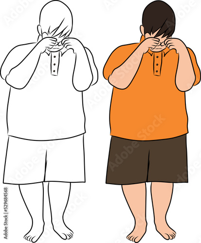 Childhood Depression Young Boy Child Crying in Line and Color Art Vector Illustration