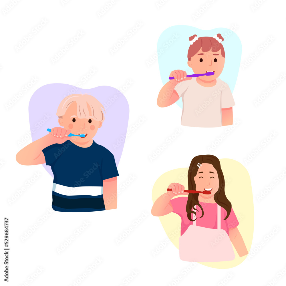 Little kids brushing their teeth. Brushing teeth for oral hygiene. Clean white tooth. Healthy teeth. Little kids brushing their teeth. Brushing teeth for oral hygiene. Clean white tooth. Healthy teeth.
