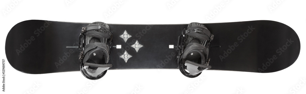 Black snowboard with bindings on white background - obrazy, fototapety, plakaty 