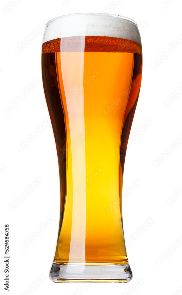 Full pilsner glass of pale lager beer with a head of foam isolated on white background Full pilsner glass of pale lager beer with a head of foam isolated on white background
