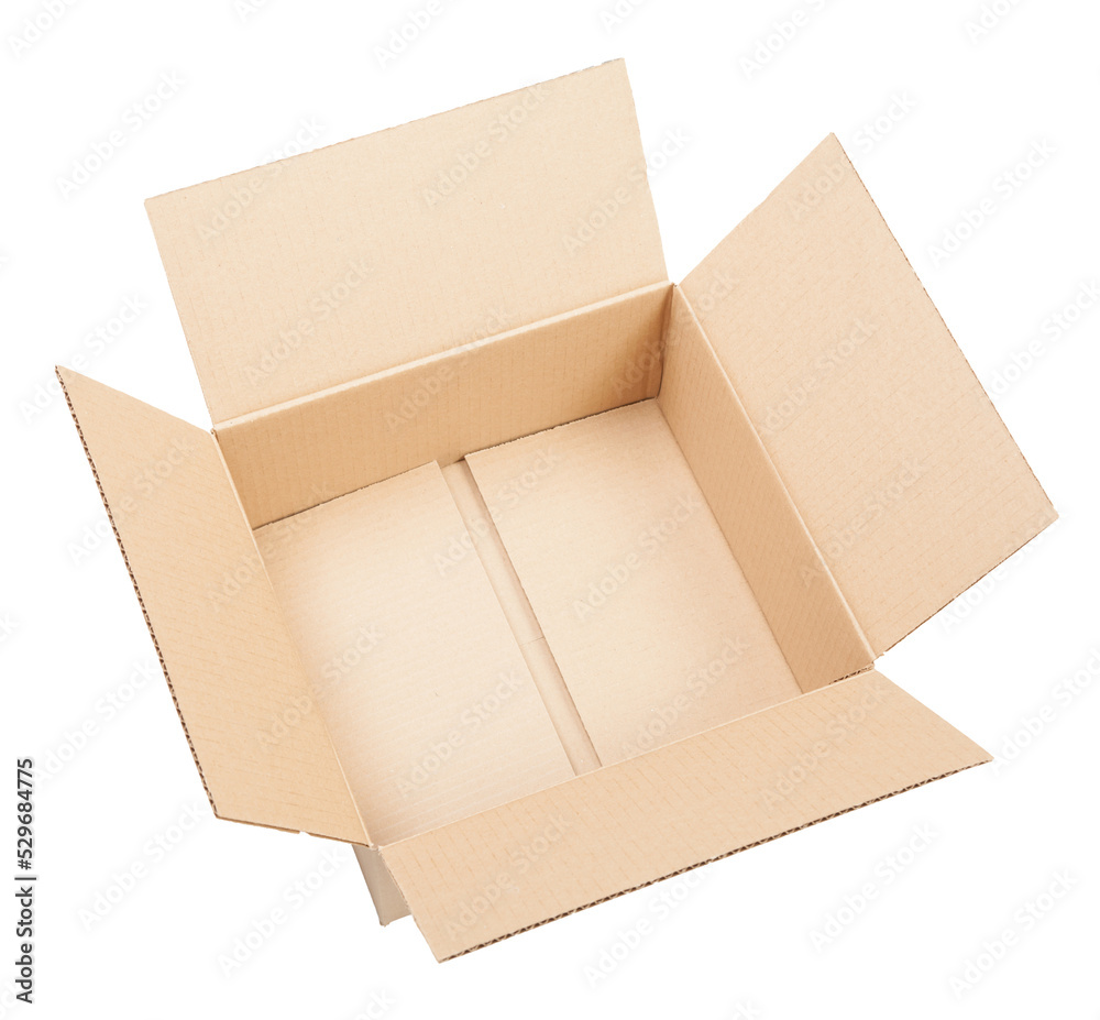 Side view of open empty cardboard box isolated on white Side view of open empty cardboard box isolated on white