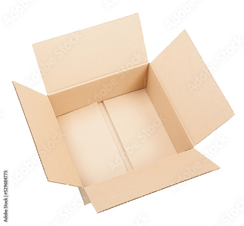 Side view of open empty cardboard box isolated on white