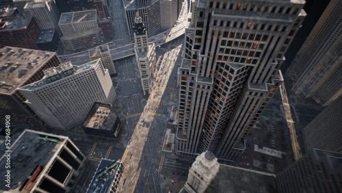 Camera arrives from aerial view to the traffic. cityscape. Traffic highway transportation. Skyscrapers buildings at downtown streets.