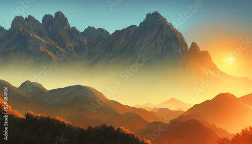 Mountains landscape at sunrise. Digital Painting. Scenery Artwork