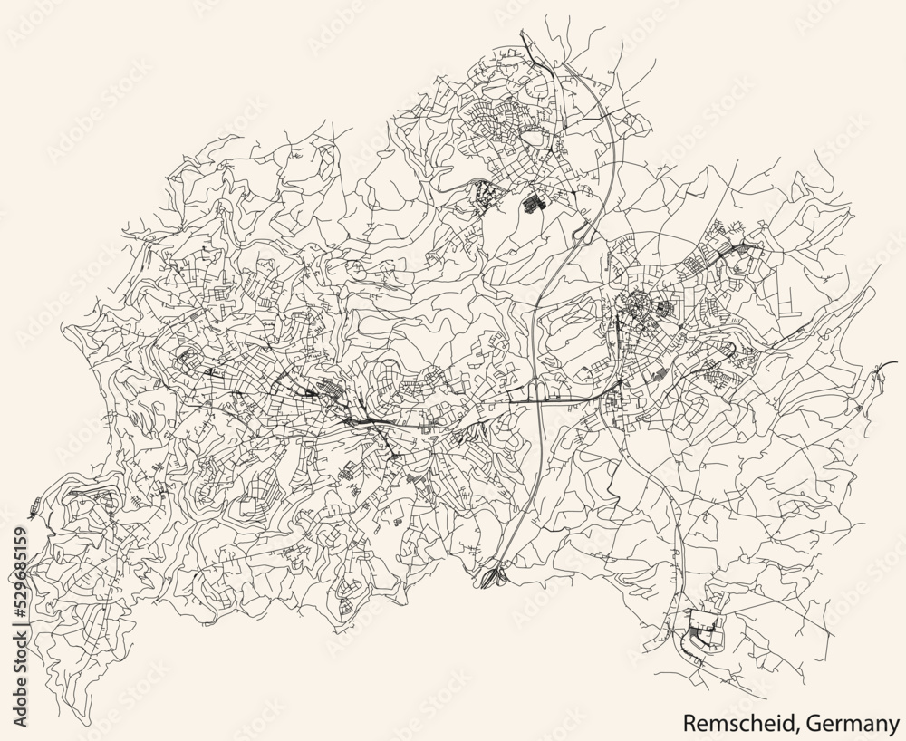 Obraz premium Detailed navigation black lines urban street roads map of the German regional capital city of REMSCHEID, GERMANY on vintage beige background