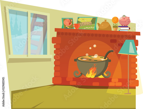 2d illustration. Pig house. Fireplace. Fire in the fireplace. Room with a fireplace. Boiling water.