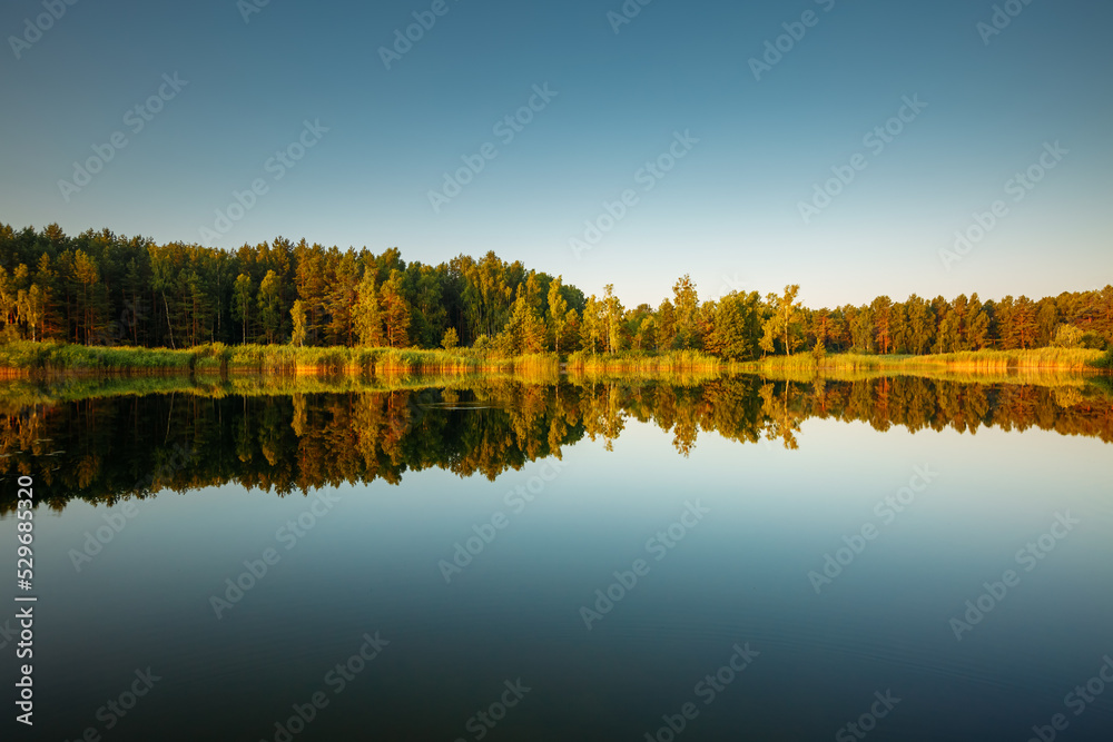 Splendid view of a calm lake and green forests on a sunny day.