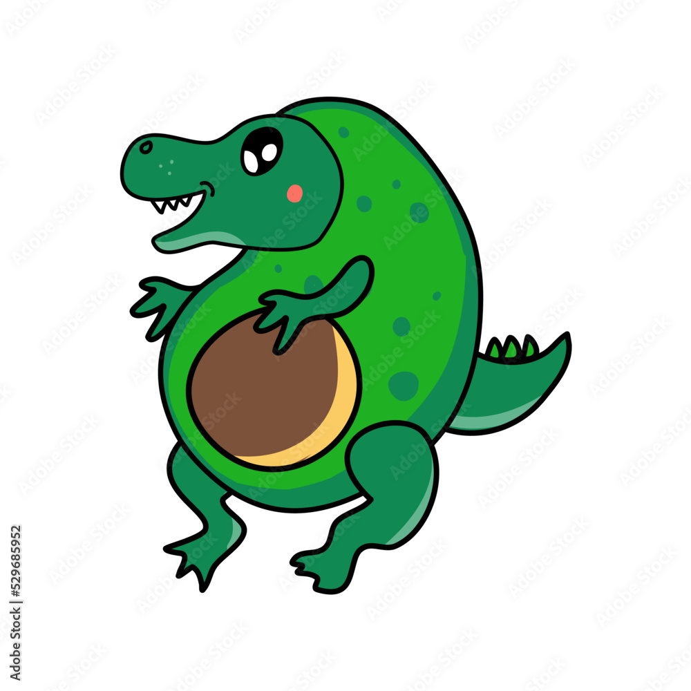 Adorable smiling dinosaur in avocado costume isolated on white background. Vector illustration with cute design element Adorable smiling dinosaur in avocado costume isolated on white background. Vector illustration with cute design element