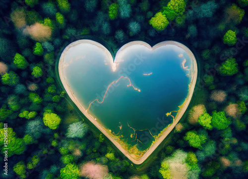 Heart shaped lake in a romantic and sensual landscape in the middle of a forest to illustrate eternal love 
