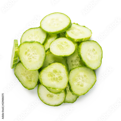 top view of pile vegetable of cucumber sliced isolated on white background, concept of vegetarian healthy eating