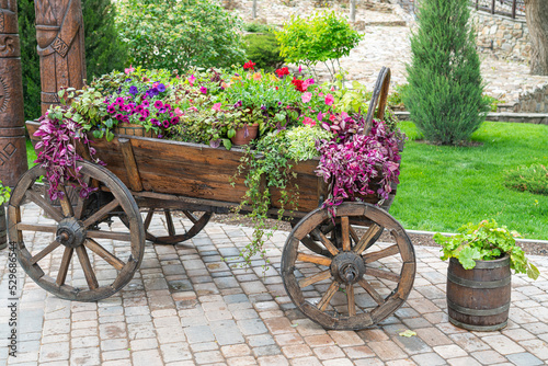 an old village cart with flowers in the market