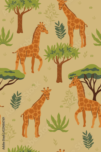 Seamless pattern with giraffes in the savanna. Vector graphics.