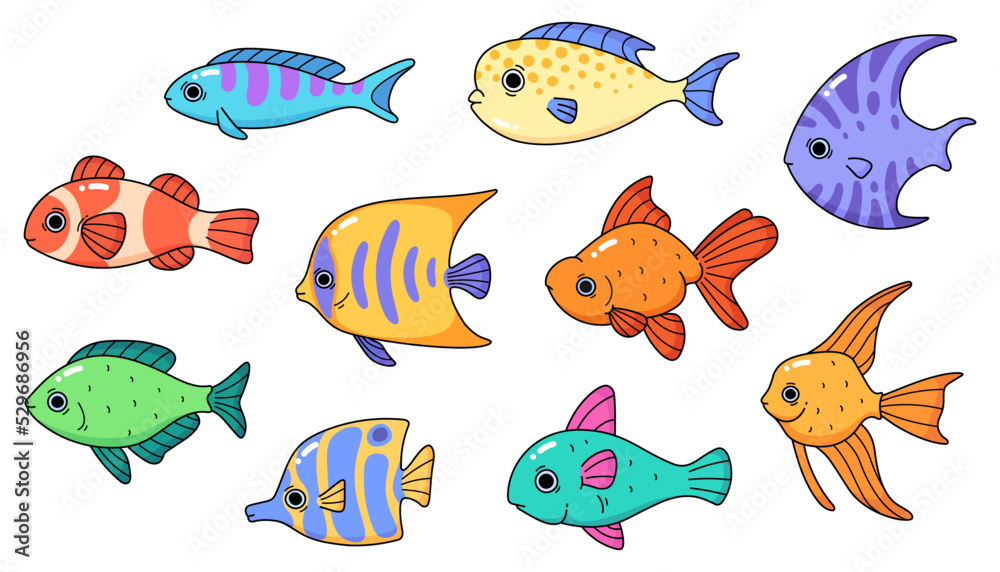 Fototapeta premium Set of illustrations of different colorful fish in cartoon outline style for children's books and stickers isolated on white background