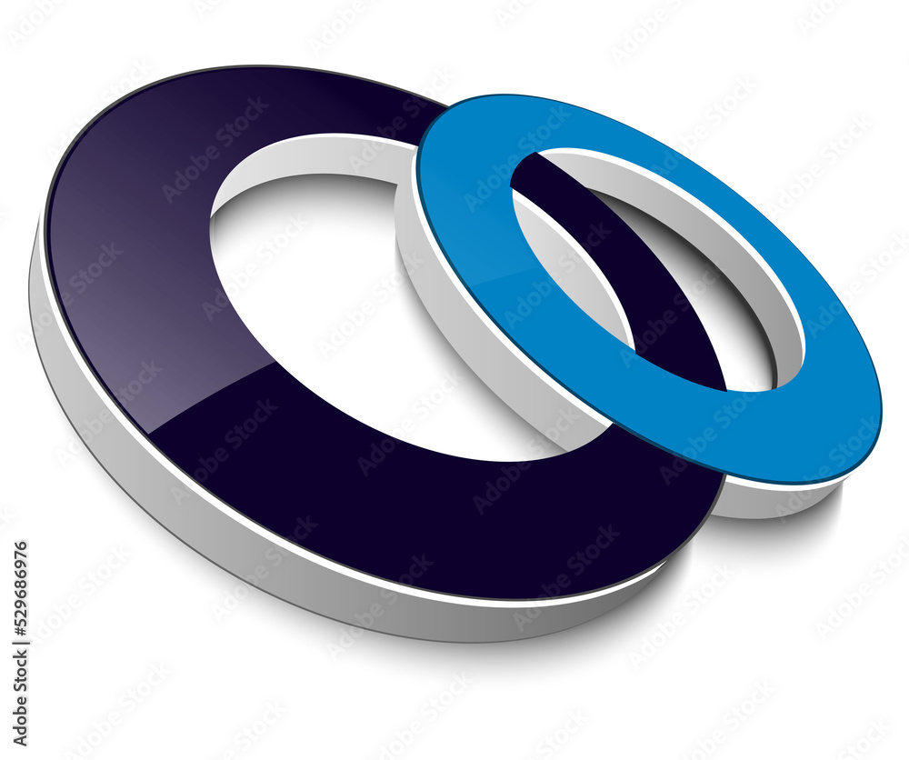 3D Icon, two circles blue and black isolated, business dynamic logo illustration. 3D Icon, two circles blue and black isolated, business dynamic logo illustration.
