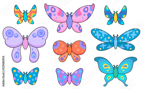 Set of illustrations of different colorful butterflies in cartoon outline style for children s books and stickers isolated on white background