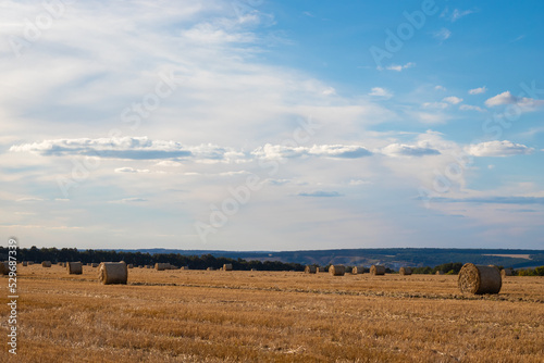 Haystacks in a field at sunset