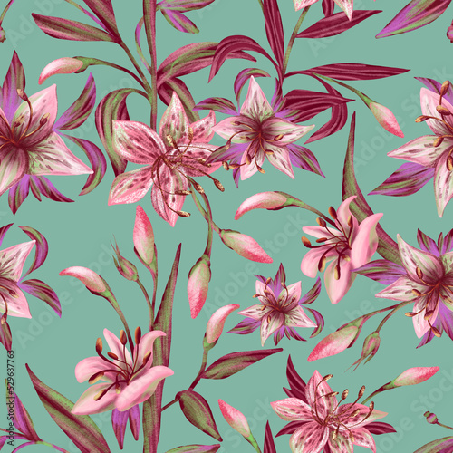 Botanical digital pattern on a green background, background, textiles, wallpaper, packaging, cover.