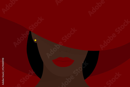 A young African American woman with black hair wearing a wide-brimmed red hat covering her face. Black strong girl on a red background, front view. Vector illustration