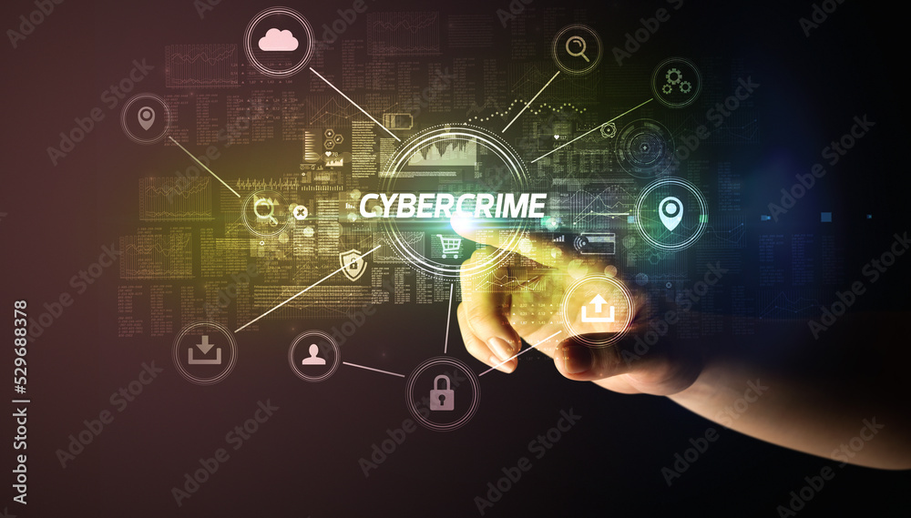 Hand touching cybersecurity button concept Hand touching cybersecurity button concept