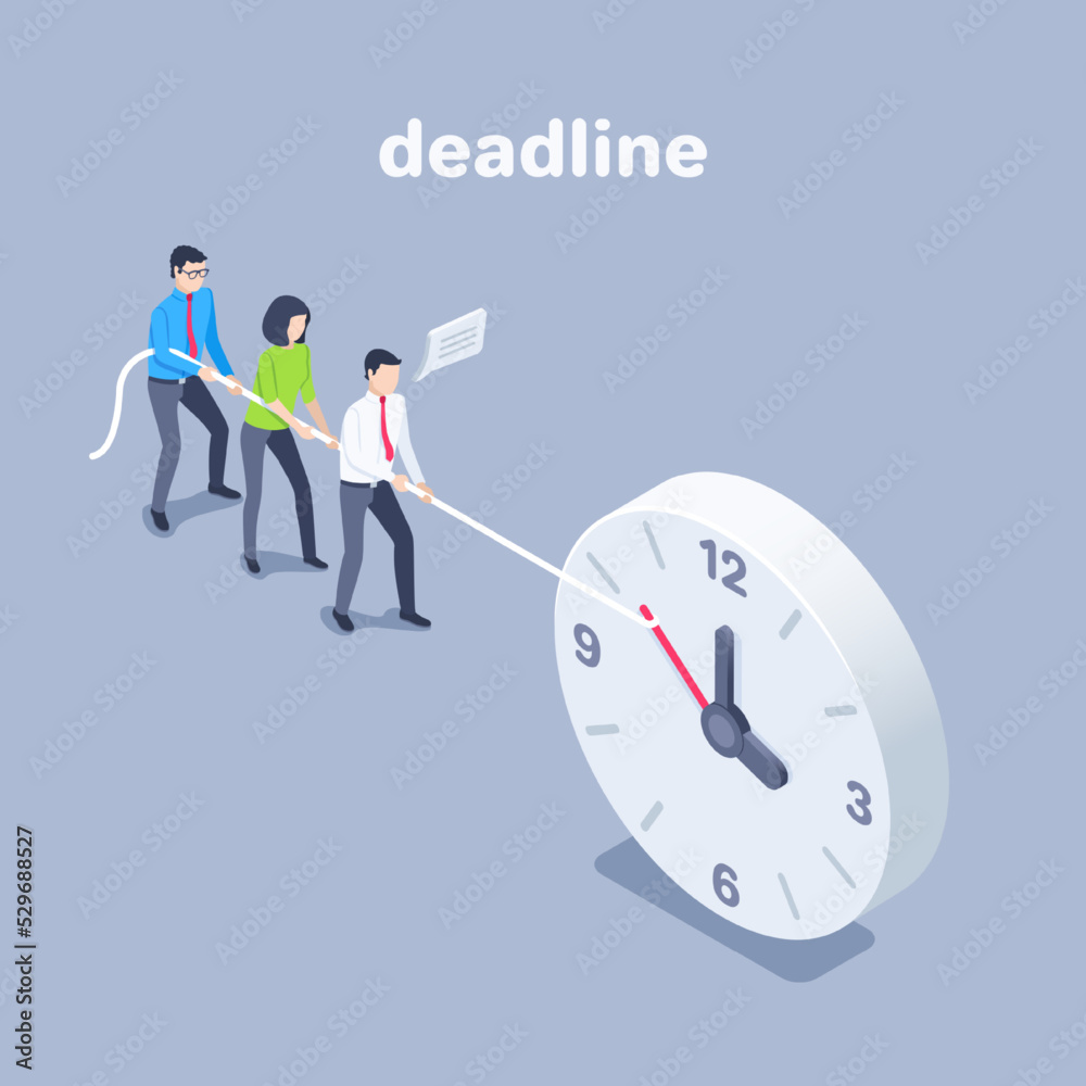 isometric vector illustration on a white background, people in business clothes pull back with a rope tied clock hand, stop time or deadline isometric vector illustration on a white background, people in business clothes pull back with a rope tied clock hand, stop time or deadline