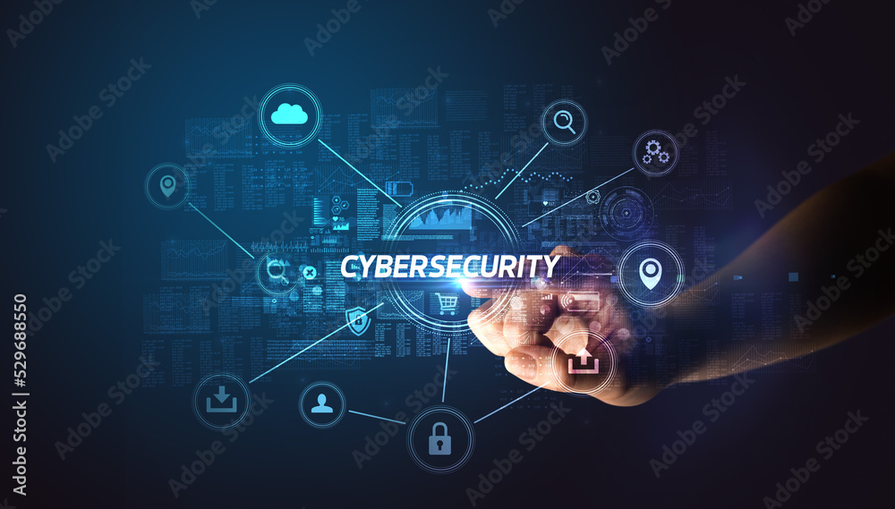 Hand touching cybersecurity button concept Hand touching cybersecurity button concept
