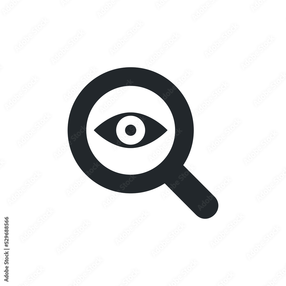 flat vector image isolated on white background, magnifier icon with eye inside flat vector image isolated on white background, magnifier icon with eye inside