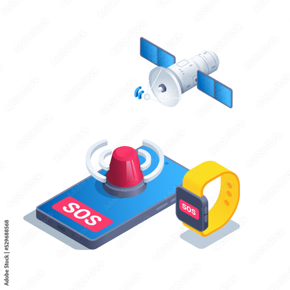 isometric vector illustration on a white background, smartphone and smartwatch with message sos sent signal to satellite, warning and rescue system in extreme situations isometric vector illustration on a white background, smartphone and smartwatch with message sos sent signal to satellite, warning and rescue system in extreme situations