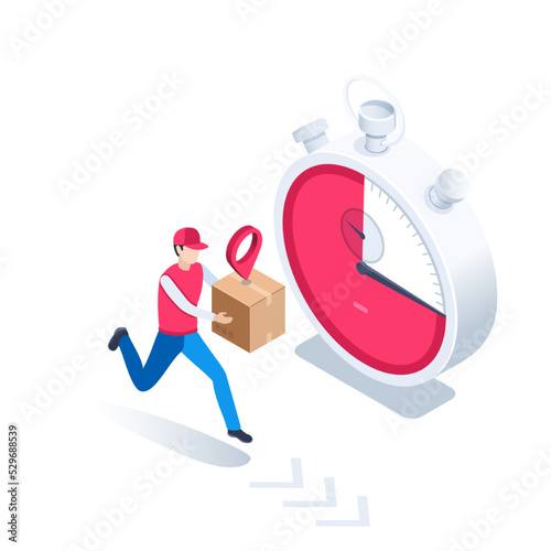isometric vector illustration on a white background, a man with a box and a location icon quickly runs near the stopwatch, fast targeted delivery