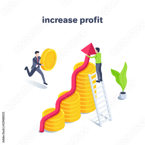 isometric vector illustration on a white background, increase profit, a man in a business suit runs up with a big coin to a chart of gold coins and a man supports a growing arrow
