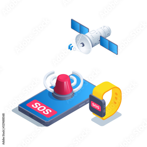 Wallpaper Mural isometric vector illustration on a white background, smartphone and smartwatch with message sos sent signal to satellite, warning and rescue system in extreme situations Torontodigital.ca
