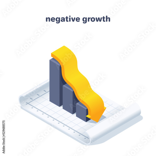 isometric vector illustration on white background, negative growth, falling chart with yellow arrow on a sheet of paper, financial crisis or business problems