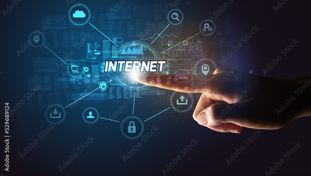 Hand touching cybersecurity button concept Hand touching cybersecurity button concept