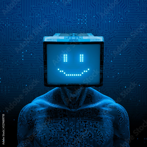 Smiling gamer artificial intelligence - 3D illustration of dark pixel smile faced male robot figure with computer monitor head on abstract computer circuit board background