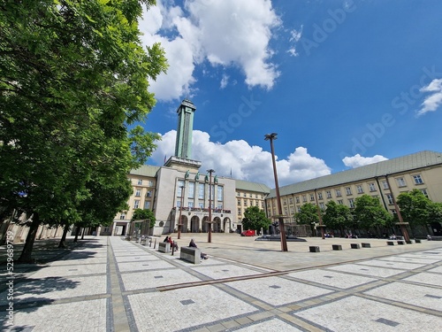 Ultra wide-angle shot of Ostrava Nova Radnice town hall at Prokesovo namesti town square photo