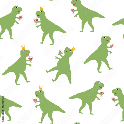 Seamless pattern with dinosaur holding wineglass with sequin elements. Funny typography poster with t-rex  print design.