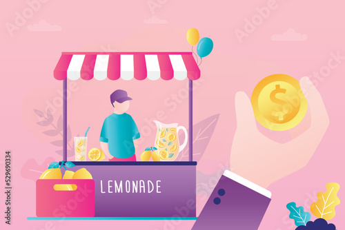 Client prepared money to pay for glass of lemonade. Teenager works as salesman at homemade lemonade stand