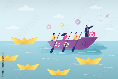 Workers rowing boat to business goal. Leader with team looking for new ideas for development of company
