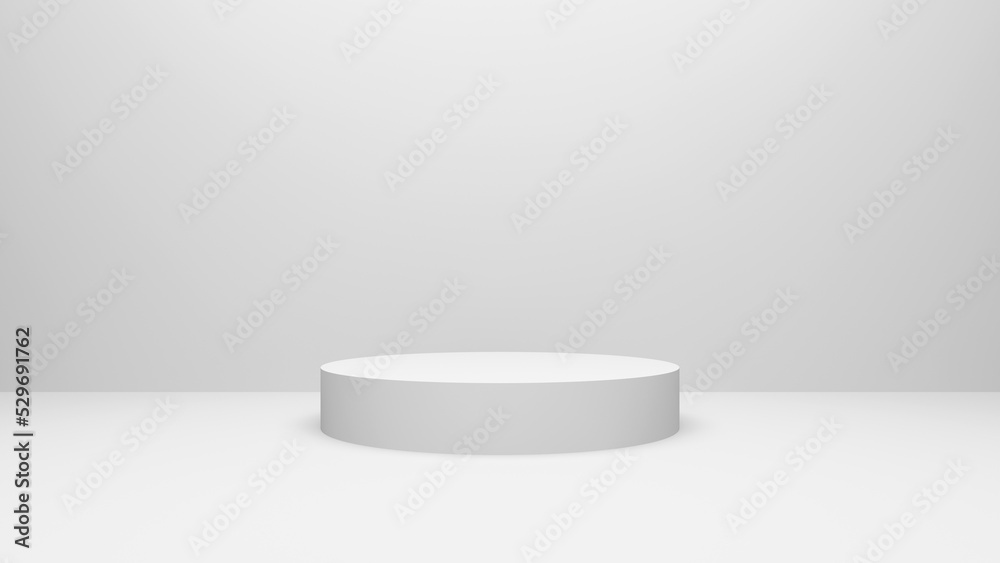 Empty white podium. Round platform display on white room background. Blank stage backdrop. Empty product shelf. 3D rendering. Empty white podium. Round platform display on white room background. Blank stage backdrop. Empty product shelf. 3D rendering.