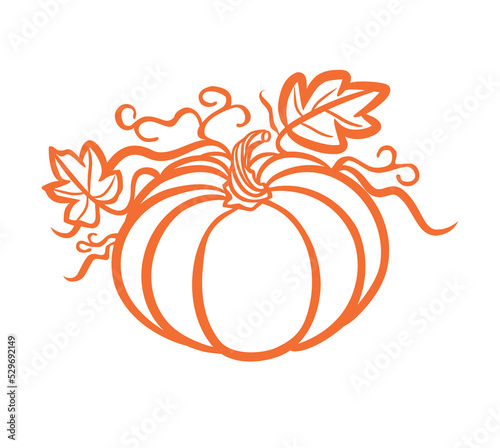 Orange pumpkin vector silhouette outline stencil,leaves and stem.Fall.Symbol of October Harvest festival.Halloween.Hello autumn.Line art contour drawing.Cricut plotter laser cut.Print.Sticker.DIY
