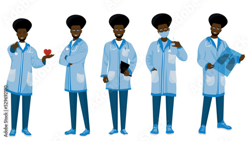 Set of male African-American doctors on white background